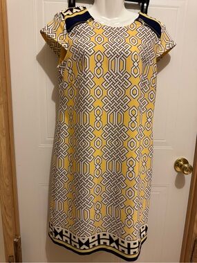 Madisonleigh Sz 12 Yellow /Navy Geometric Shift Dress VGUC 😊😊